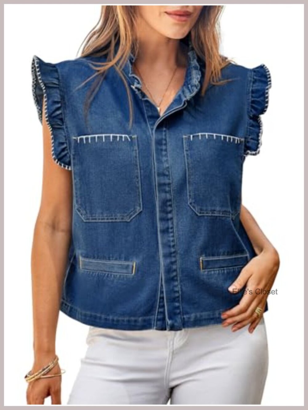 Ruffle Sleeve Denim Vest Cropped Button Up Cotton Blend Womens Summer